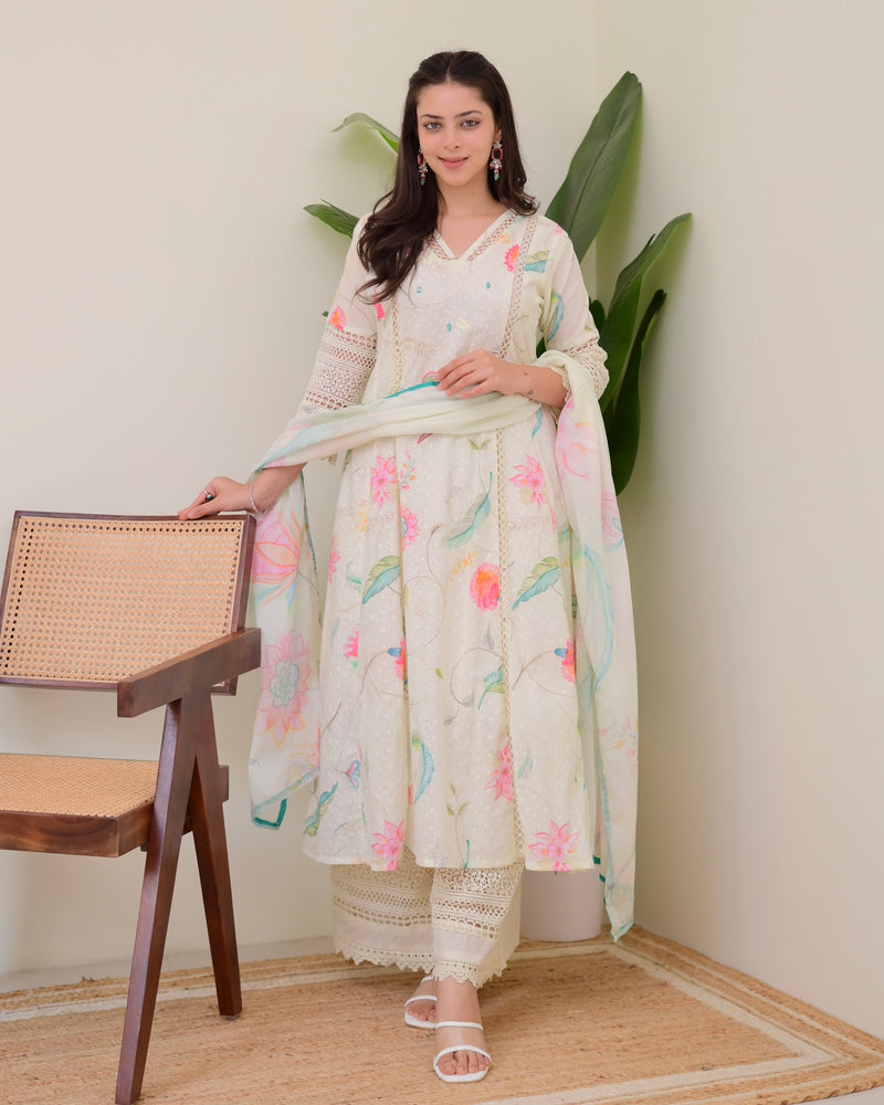 Pearl Blossom Pakistani Schiffli Floral A Line Suit