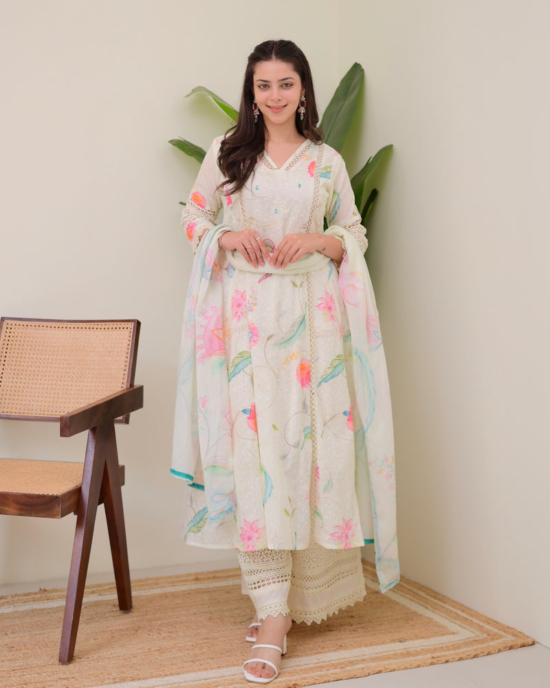 Pearl Blossom Pakistani Schiffli Floral A Line Suit