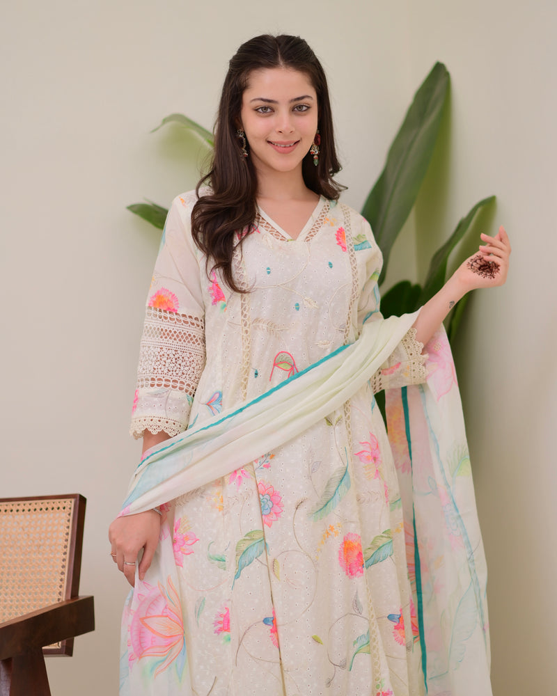 Pearl Blossom Pakistani Schiffli Floral A Line Suit