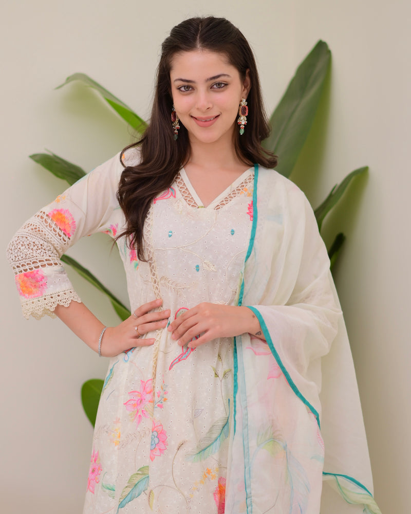 Pearl Blossom Pakistani Schiffli Floral A Line Suit