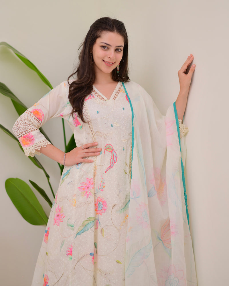 Pearl Blossom Pakistani Schiffli Floral A Line Suit