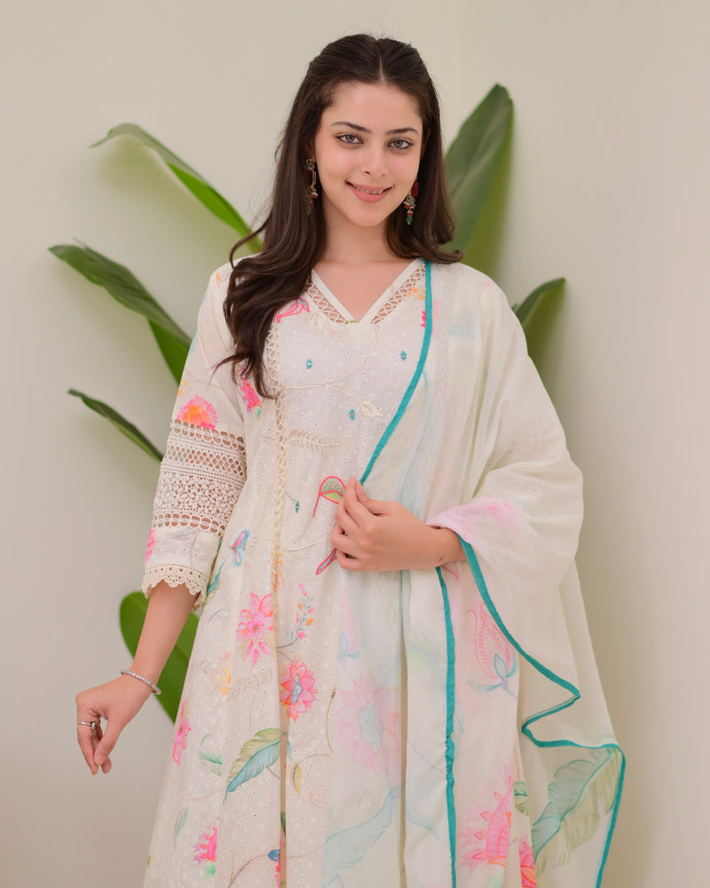 Pearl Blossom Pakistani Schiffli Floral A Line Suit