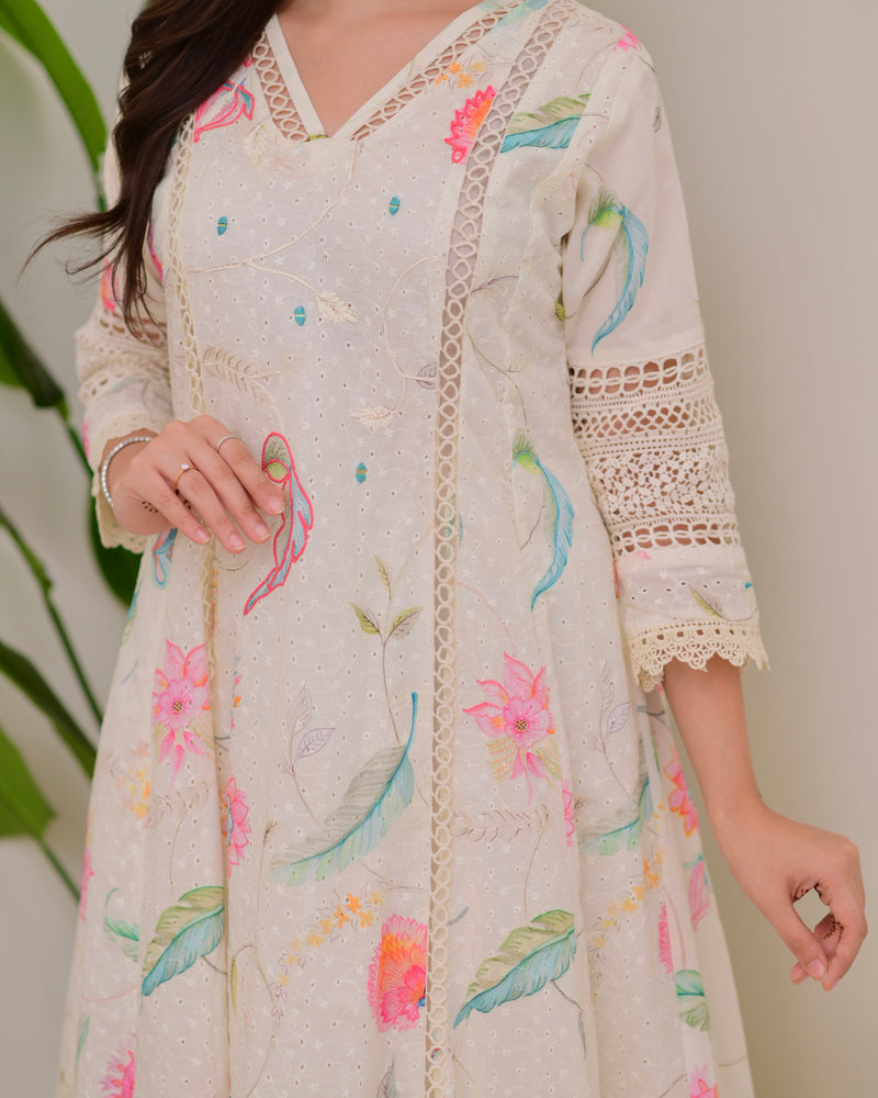 Pearl Blossom Pakistani Schiffli Floral A Line Suit