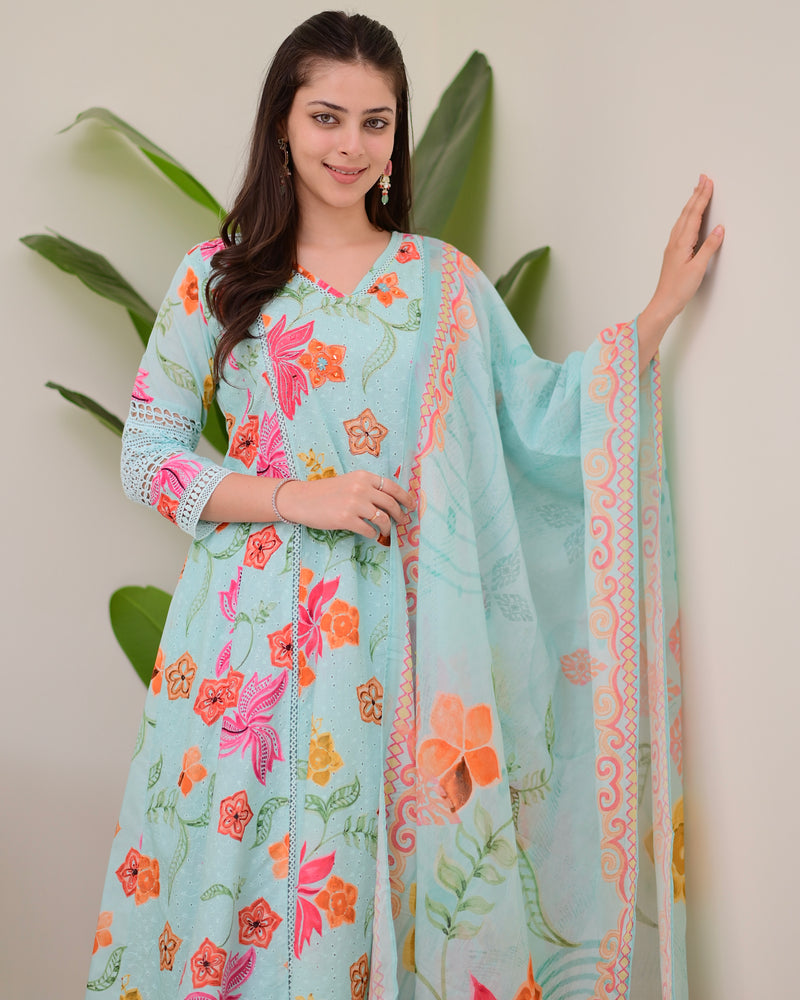 Turquoise Blossom Pakistani Schiffli Floral A Line Suit