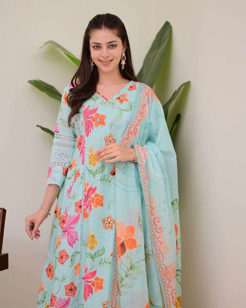 Turquoise Blossom Pakistani Schiffli Floral A Line Suit