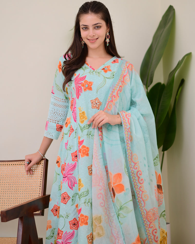 Turquoise Blossom Pakistani Schiffli Floral A Line Suit
