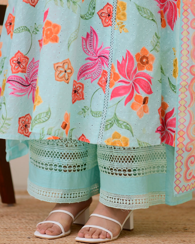 Turquoise Blossom Pakistani Schiffli Floral A Line Suit