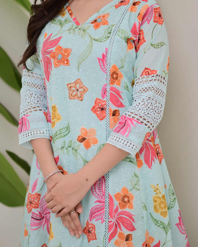 Turquoise Blossom Pakistani Schiffli Floral A Line Suit