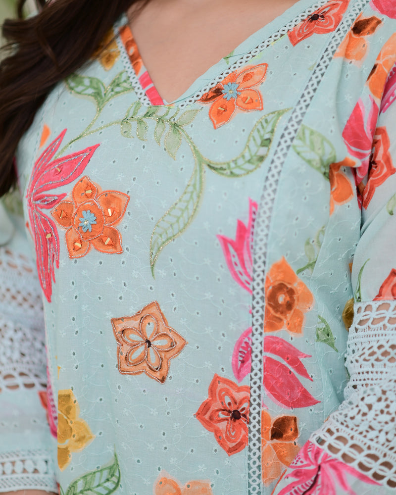 Turquoise Blossom Pakistani Schiffli Floral A Line Suit