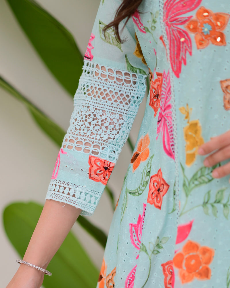 Turquoise Blossom Pakistani Schiffli Floral A Line Suit