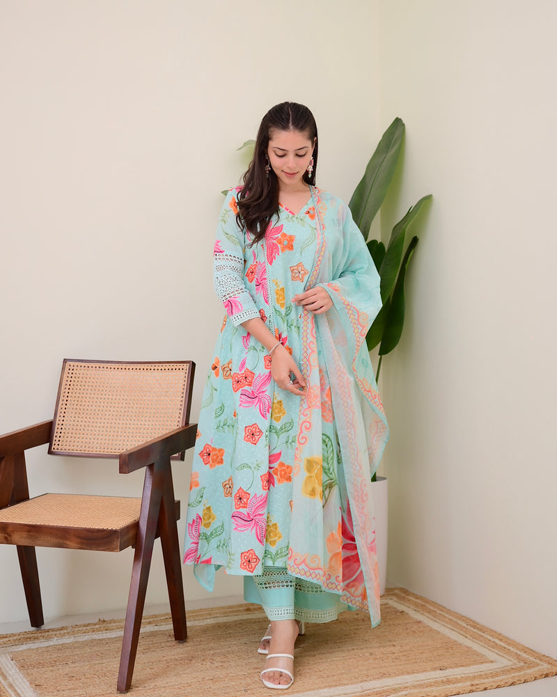 Turquoise Blossom Pakistani Schiffli Floral A Line Suit