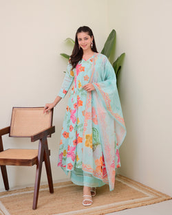 Turquoise Blossom Pakistani Schiffli Floral A Line Suit