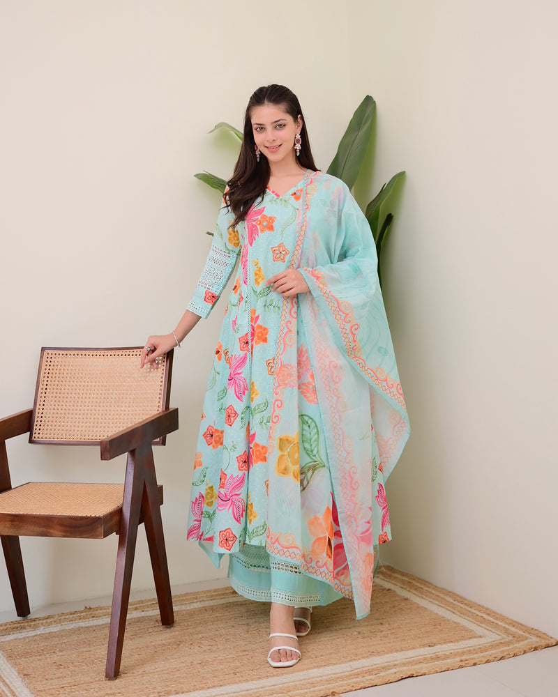 Turquoise Blossom Pakistani Schiffli Floral A Line Suit