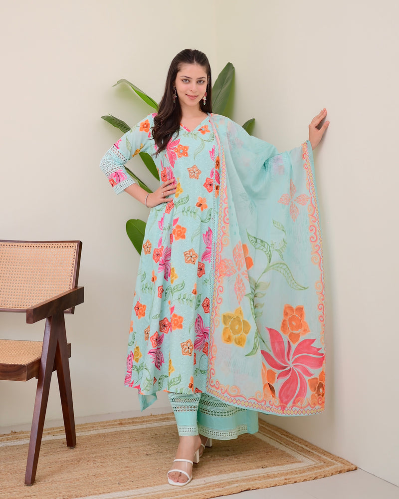 Turquoise Blossom Pakistani Schiffli Floral A Line Suit