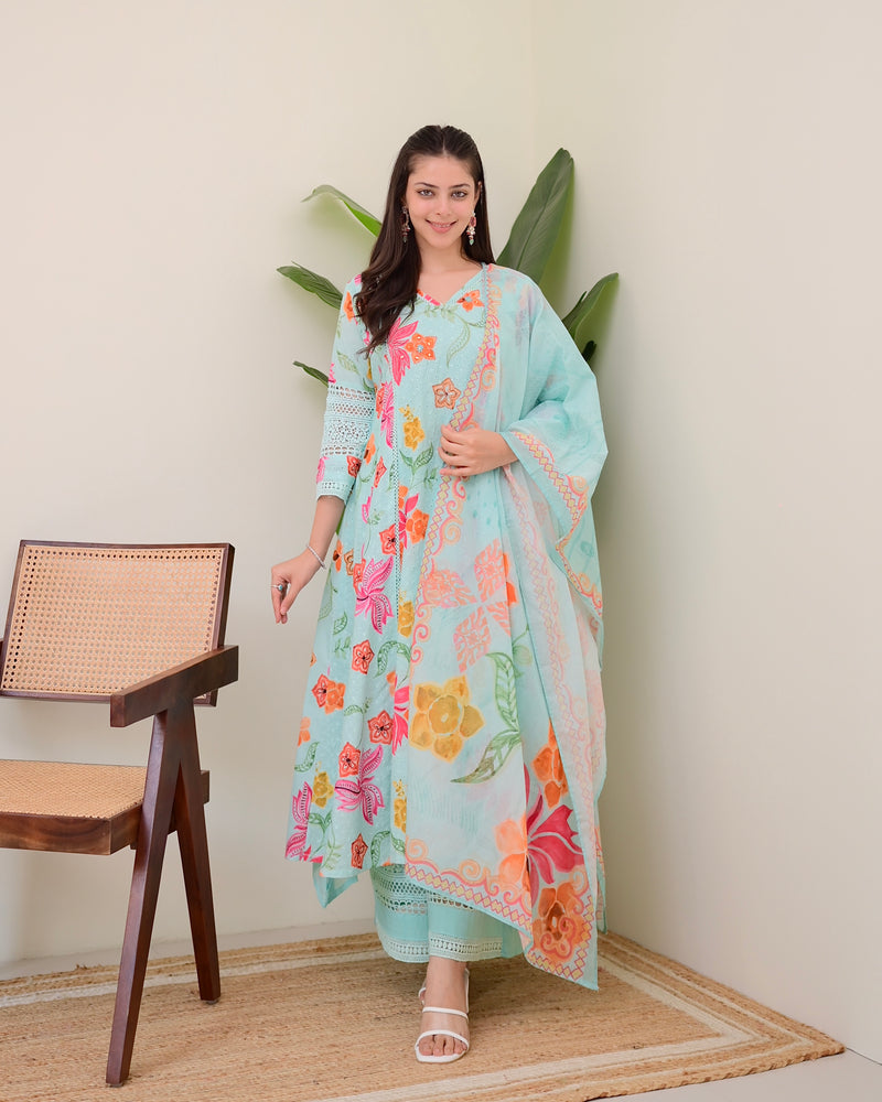 Turquoise Blossom Pakistani Schiffli Floral A Line Suit
