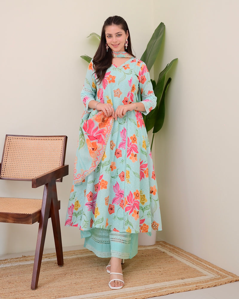 Turquoise Blossom Pakistani Schiffli Floral A Line Suit
