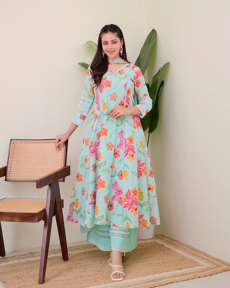 Turquoise Blossom Pakistani Schiffli Floral A Line Suit