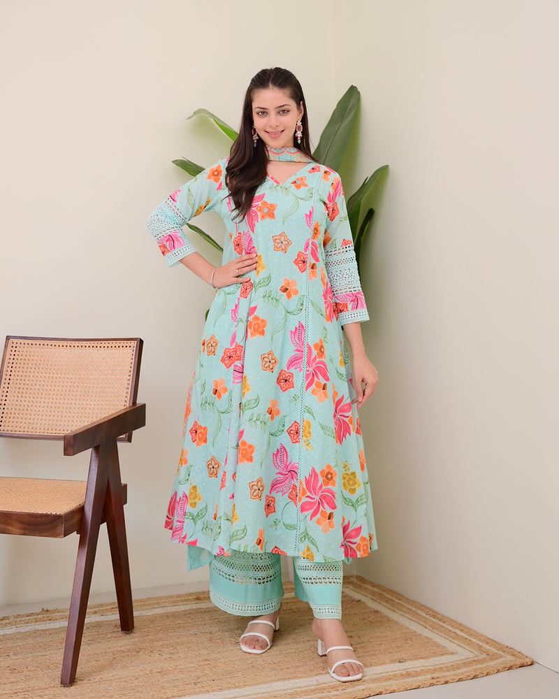 Turquoise Blossom Pakistani Schiffli Floral A Line Suit