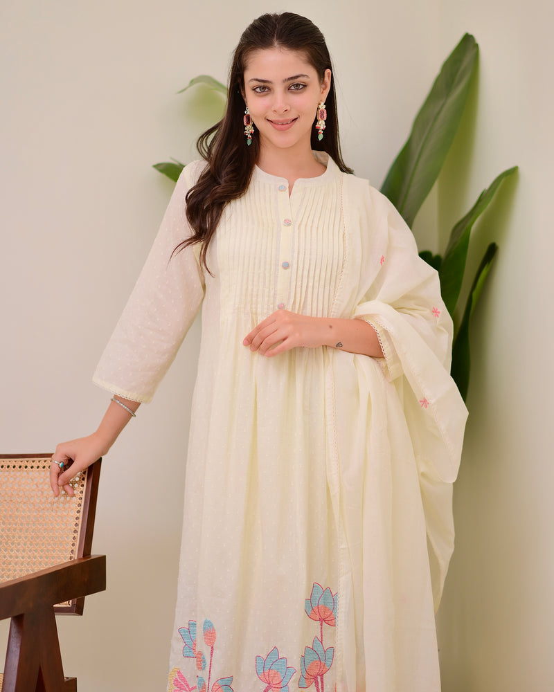 Ivory Lotus Threadwork Mul Cotton A Line Suit