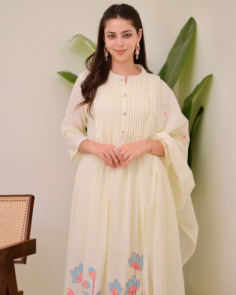 Ivory Lotus Threadwork Mul Cotton A Line Suit