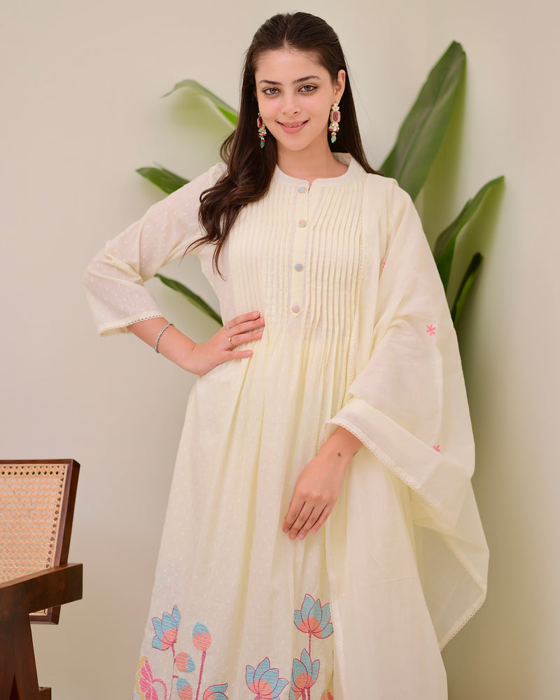 Ivory Lotus Threadwork Mul Cotton A Line Suit