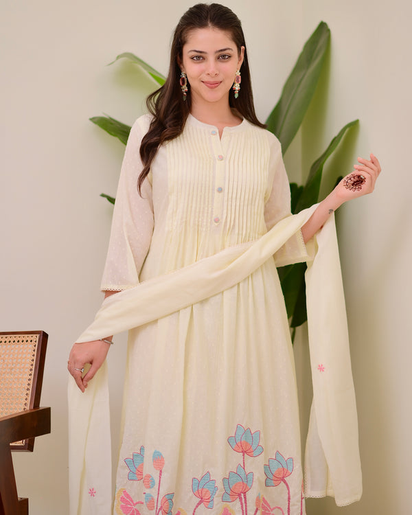 Ivory Lotus Threadwork Mul Cotton A Line Suit