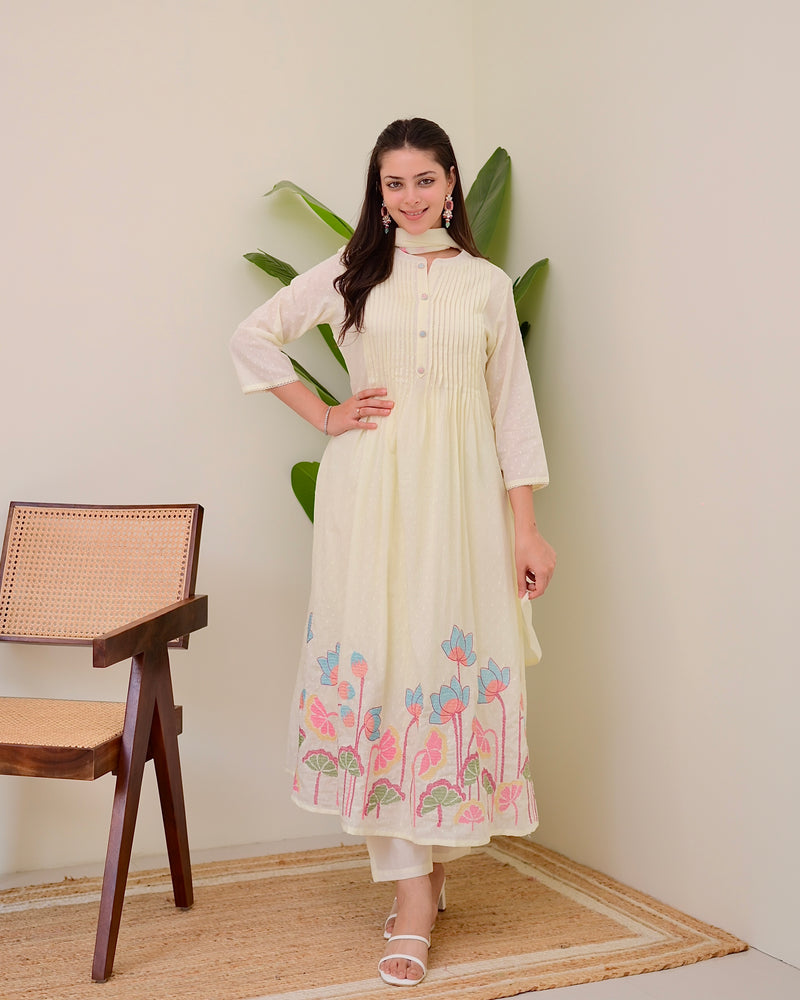 Ivory Lotus Threadwork Mul Cotton A Line Suit