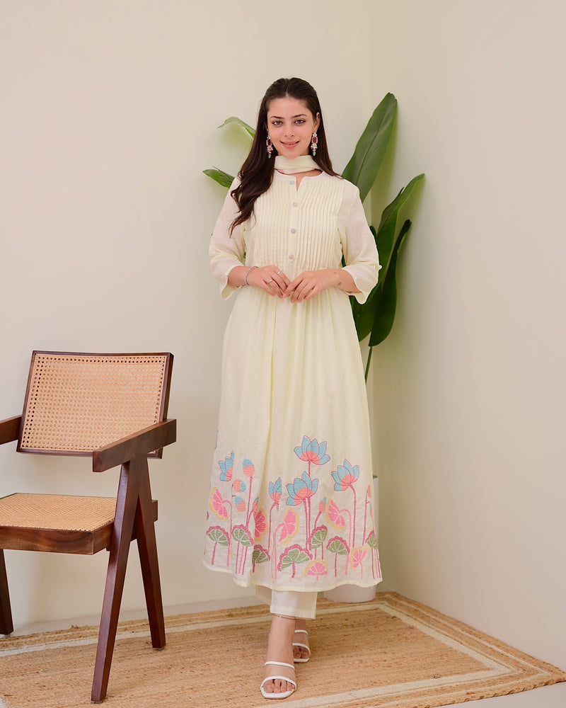 Ivory Lotus Threadwork Mul Cotton A Line Suit
