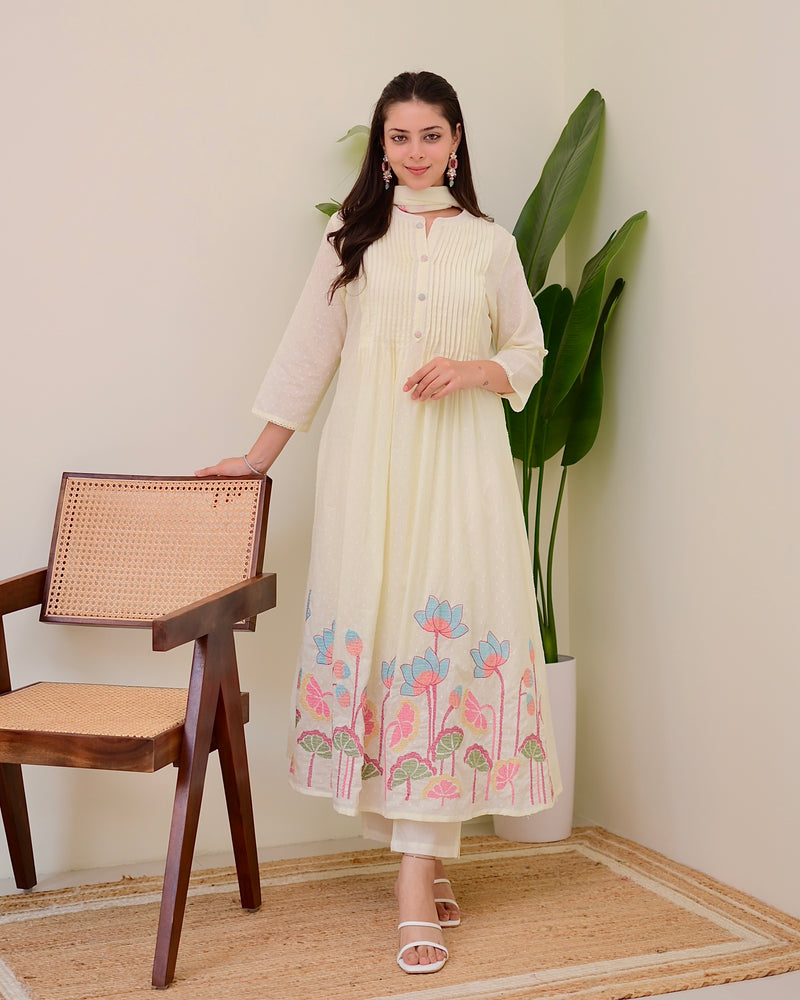 Ivory Lotus Threadwork Mul Cotton A Line Suit