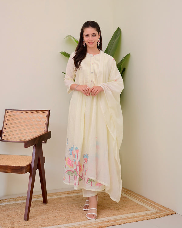 Ivory Lotus Threadwork Mul Cotton A Line Suit