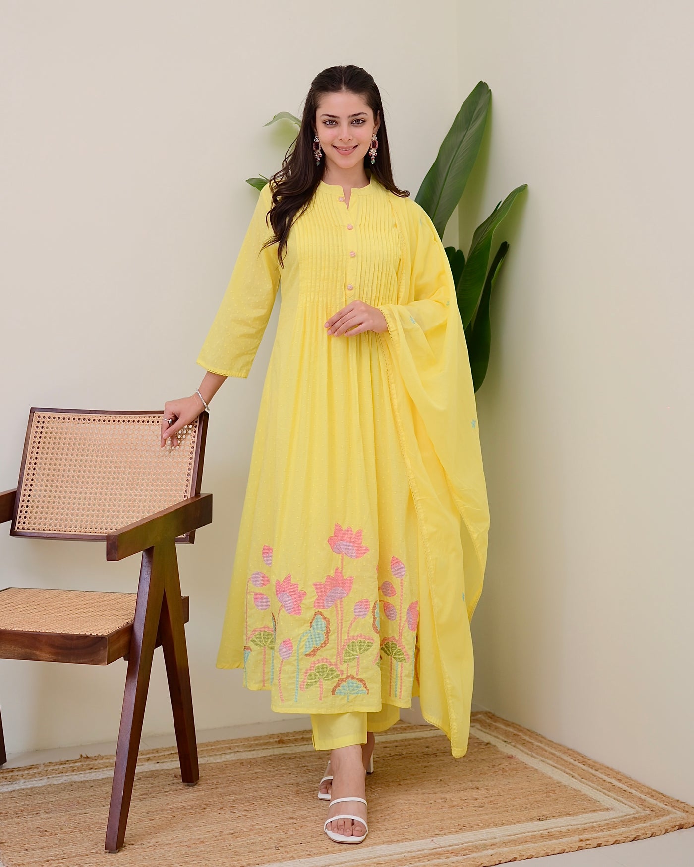 Yellow Lotus Threadwork Mul Cotton A Line Suit