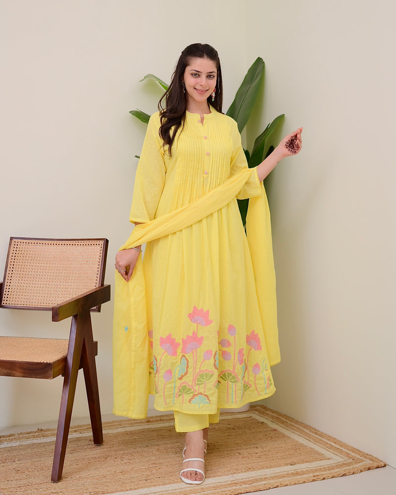 Yellow Lotus Threadwork Mul Cotton A Line Suit