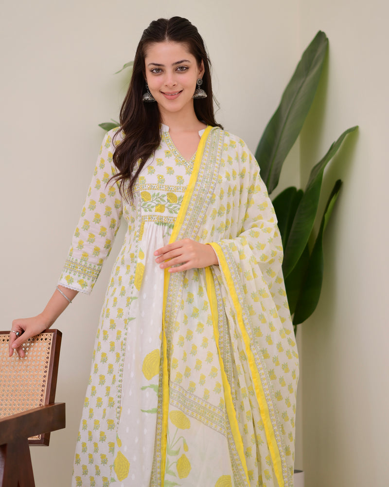 Ivory Yellow Floral Premium Cotton A Line Suit