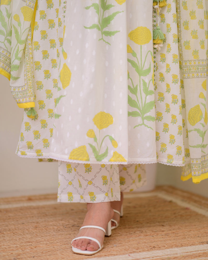 Ivory Yellow Floral Premium Cotton A Line Suit