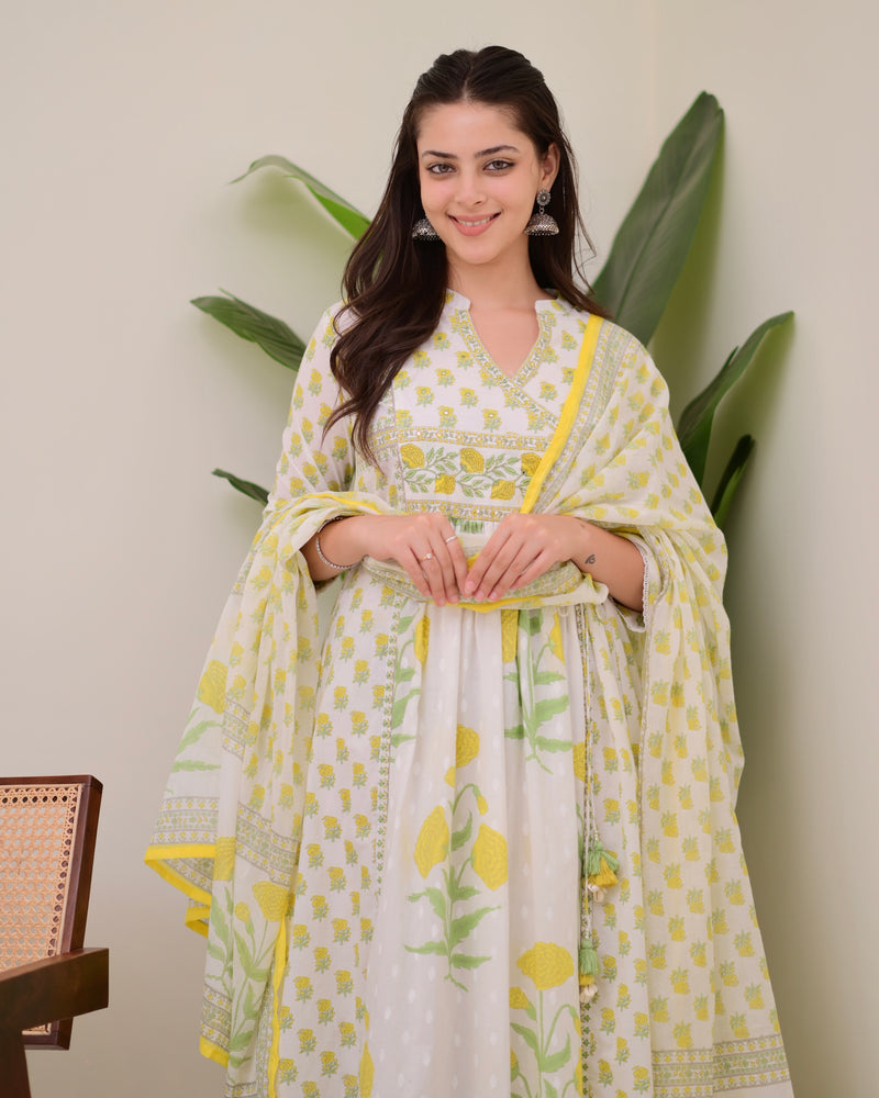 Ivory Yellow Floral Premium Cotton A Line Suit