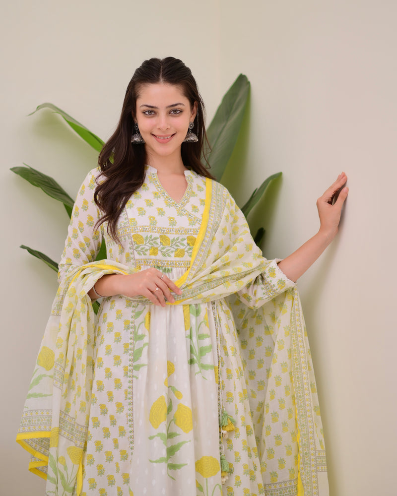 Ivory Yellow Floral Premium Cotton A Line Suit