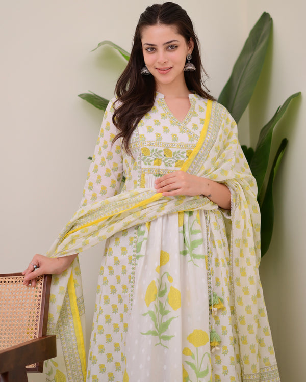 Ivory Yellow Floral Premium Cotton A Line Suit