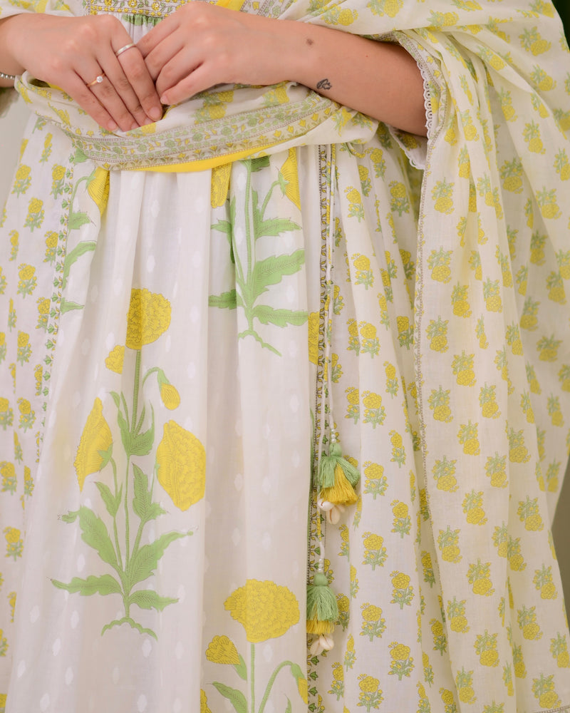 Ivory Yellow Floral Premium Cotton A Line Suit