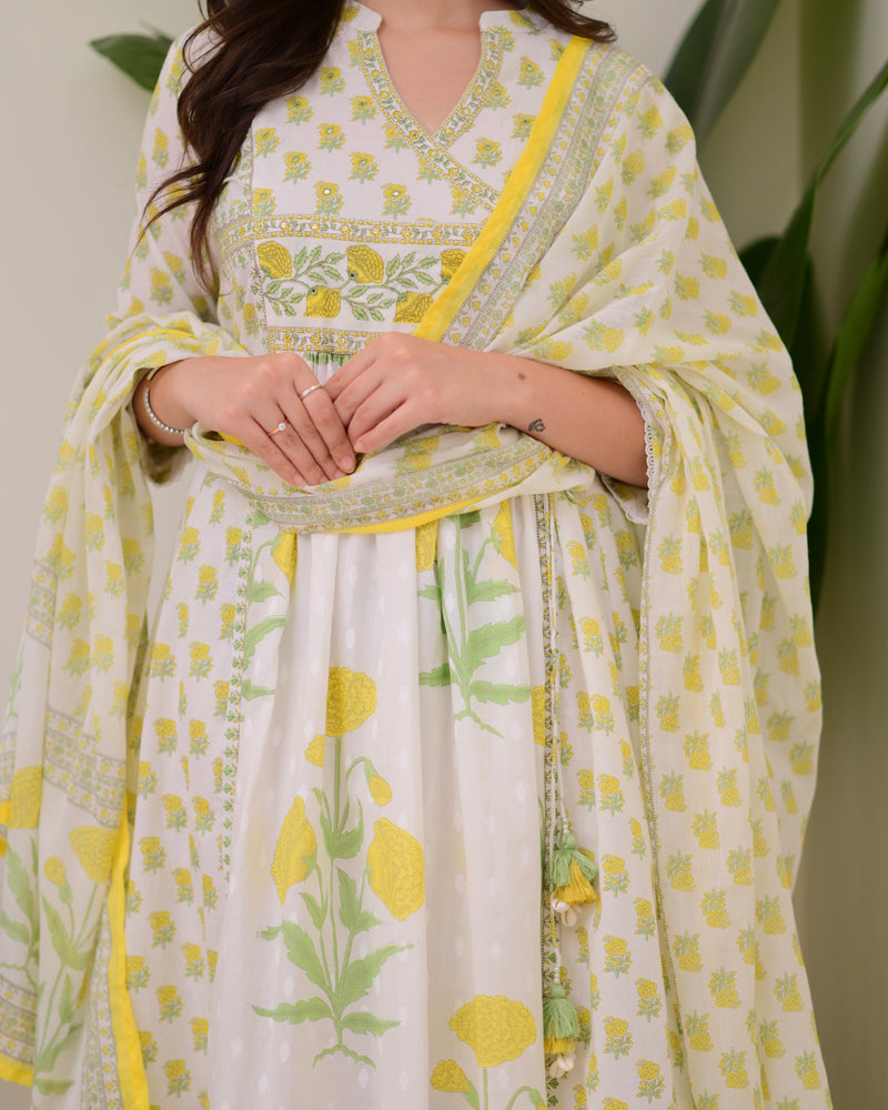 Ivory Yellow Floral Premium Cotton A Line Suit