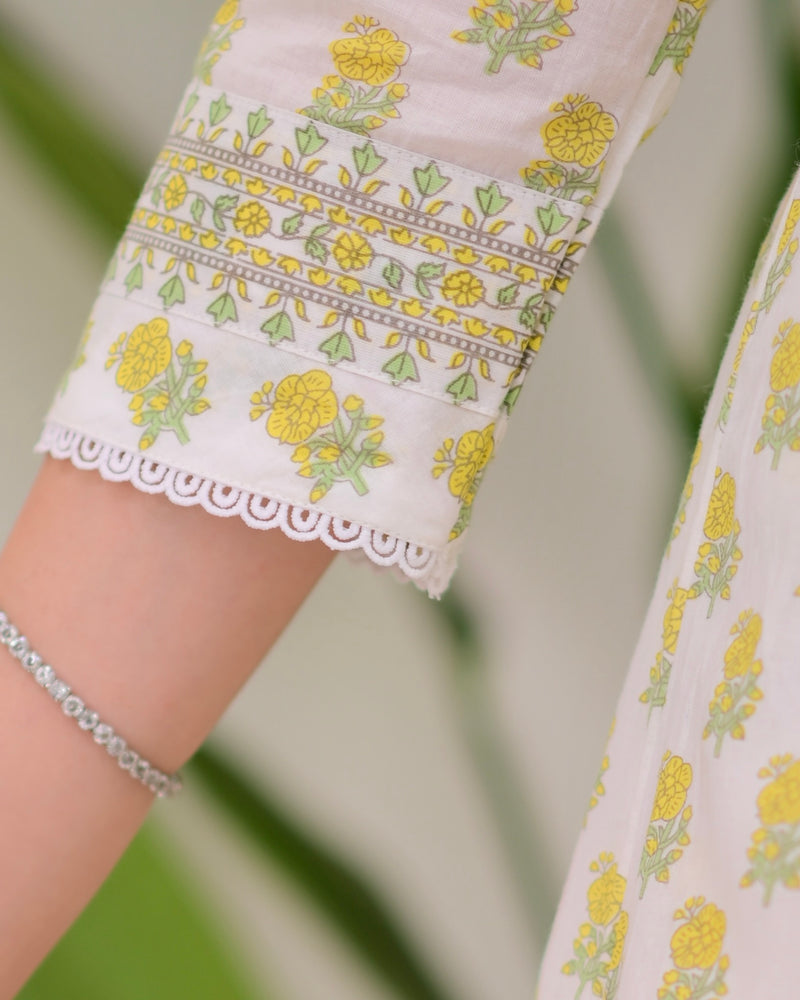 Ivory Yellow Floral Premium Cotton A Line Suit