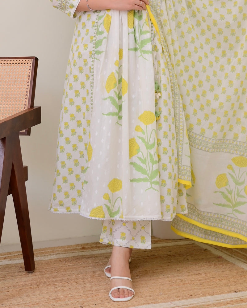 Ivory Yellow Floral Premium Cotton A Line Suit