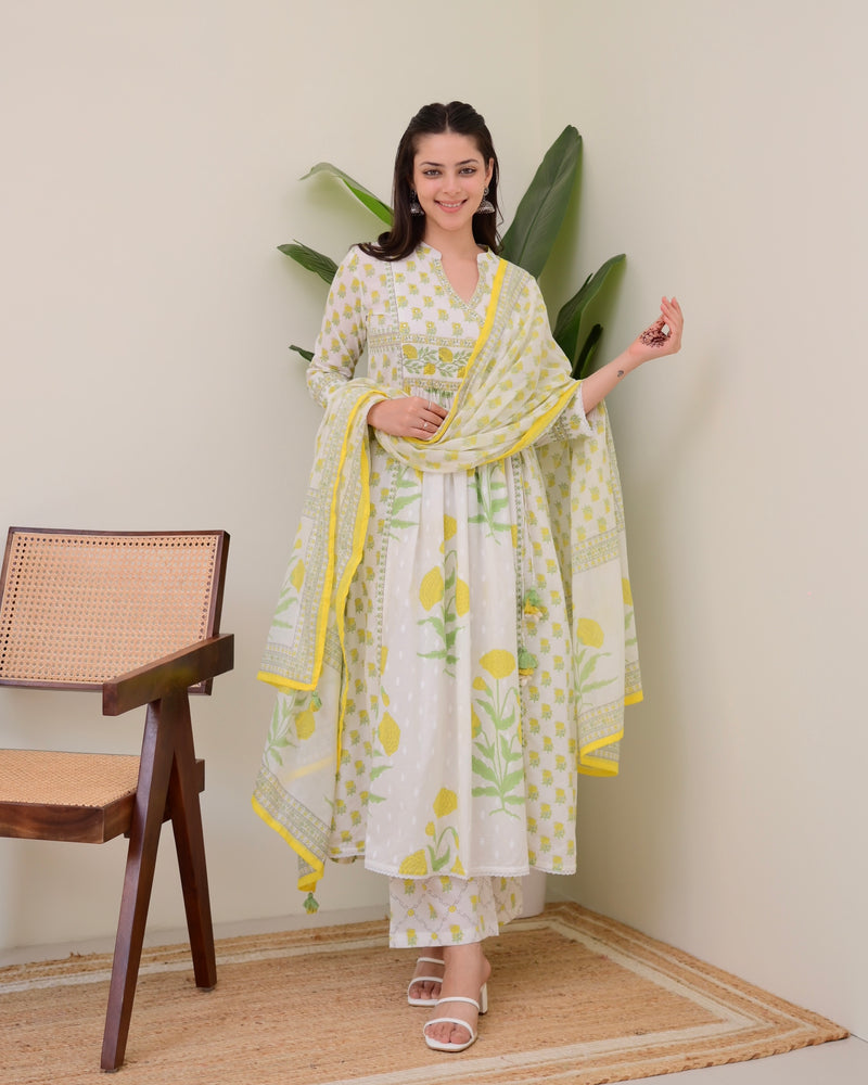 Ivory Yellow Floral Premium Cotton A Line Suit