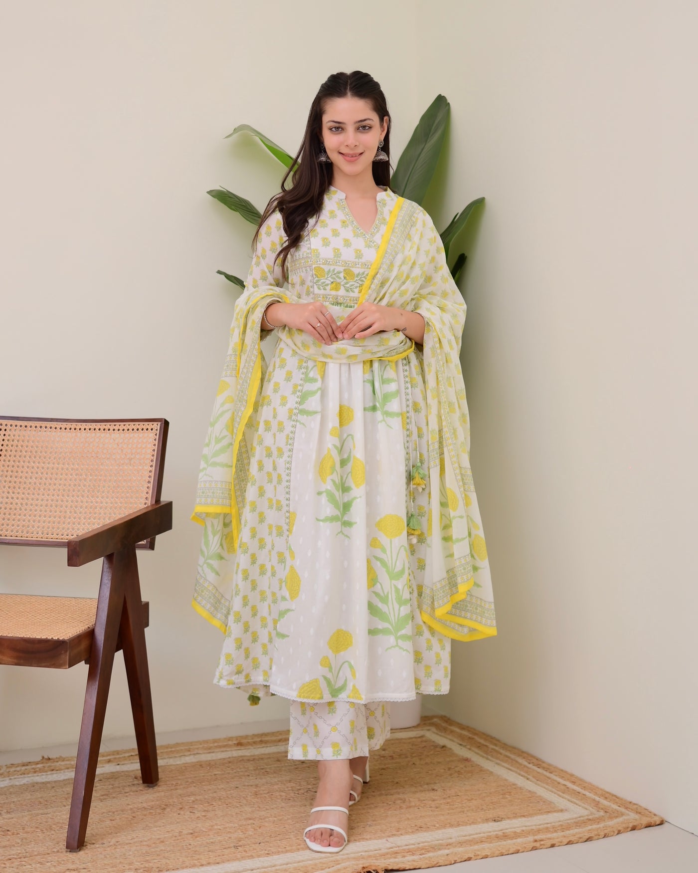 Ivory Yellow Floral Premium Cotton A Line Suit