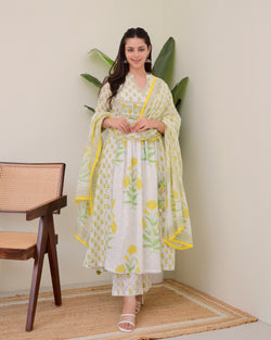 Ivory Yellow Floral Premium Cotton A Line Suit