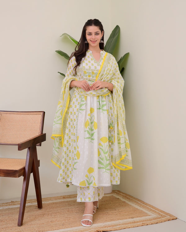 Ivory Yellow Floral Premium Cotton A Line Suit