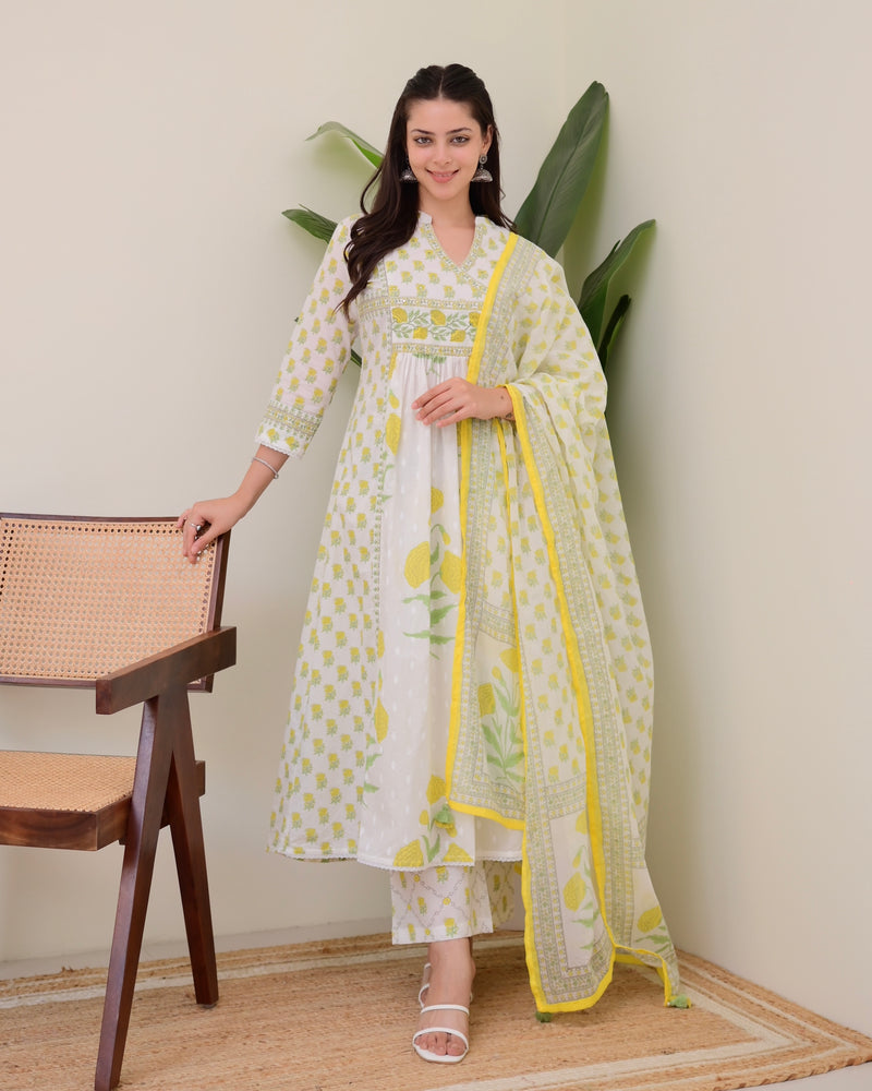 Ivory Yellow Floral Premium Cotton A Line Suit