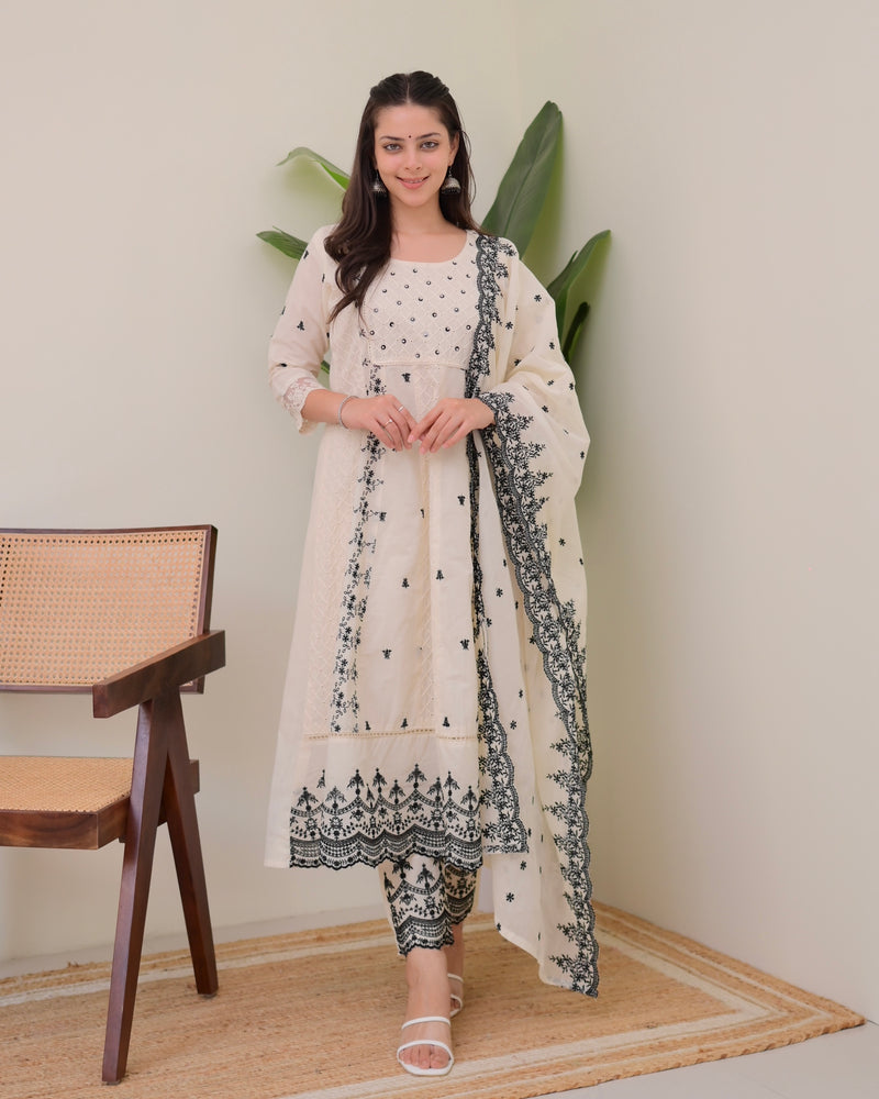 Ivory Black Schiffli Threadwork Pakistani Anarkali Suit