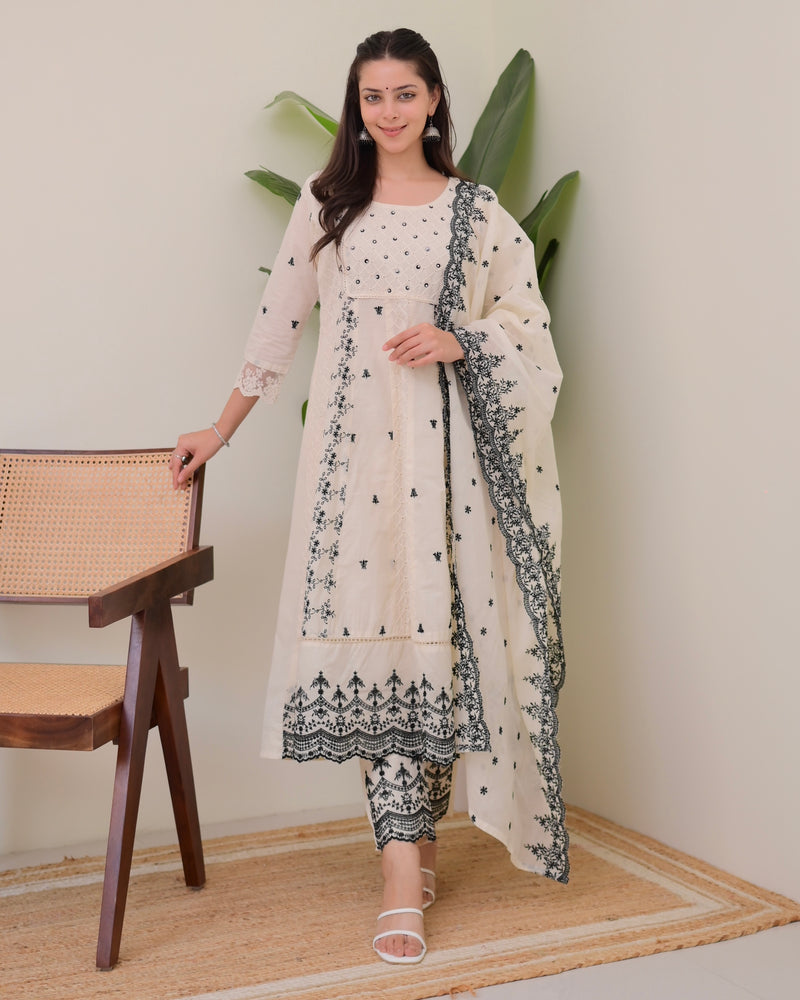 Ivory Black Schiffli Threadwork Pakistani Anarkali Suit