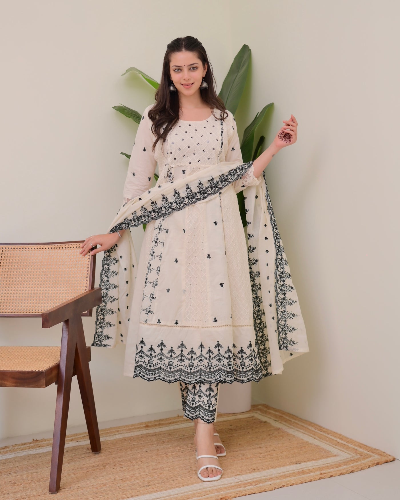 Ivory Black Schiffli Threadwork Pakistani Anarkali Suit
