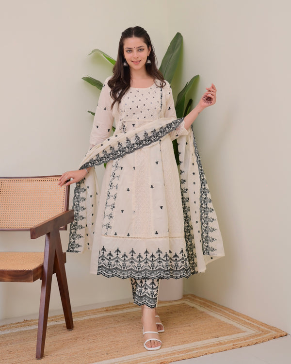 Ivory Black Schiffli Threadwork Pakistani Anarkali Suit